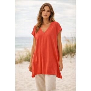 Eileen Fisher Coral V Neck Tunic Shirt Women Medium Tencel Slits minimalist